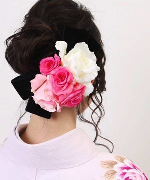 髪飾り | 白とピンクの薔薇にリボン