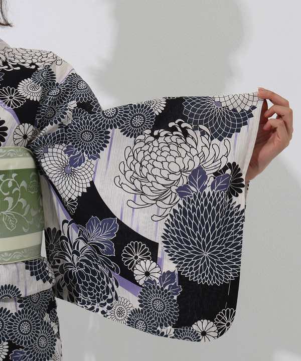 浴衣レンタル | 白×黒色の菊づくしのシックな綿麻