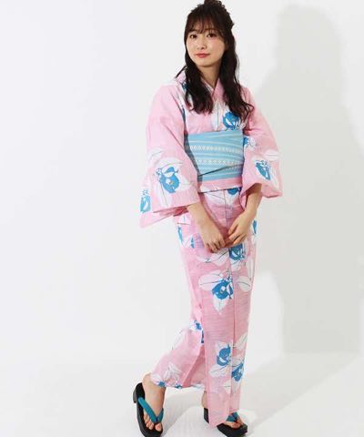 浴衣 | 【IKS COLLECTION】ピンク地に椿モチーフの青色花文様