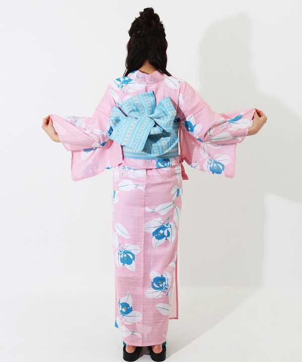 浴衣レンタル | 【IKS COLLECTION】ピンク地に椿モチーフの青色花文様