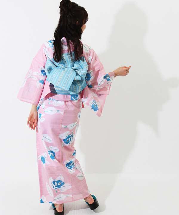 浴衣レンタル | 【IKS COLLECTION】ピンク地に椿モチーフの青色花文様
