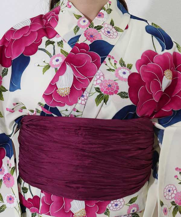 浴衣レンタル | 【きもの道楽】濃ピンクの椿モチーフの花文様と小菊 