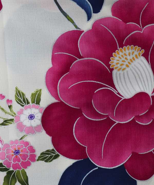 浴衣レンタル | 【きもの道楽】濃ピンクの椿モチーフの花文様と小菊