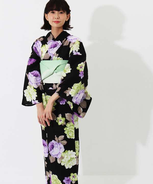浴衣レンタル | 【Shangrila】黒地にパステル調の紫×緑の花文様