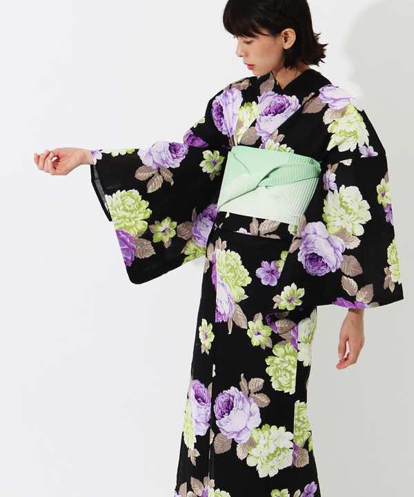 浴衣レンタル | 【Shangrila】黒地にパステル調の紫×緑の花文様
