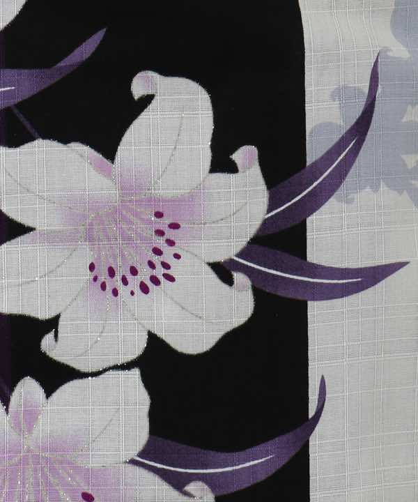 浴衣レンタル | 白黒×紫 ストライプ地に百合文様