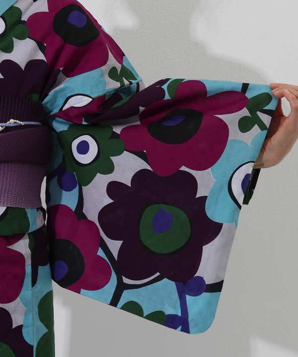 浴衣レンタル | 【Shangrila】水色地に緑×紫のポップな花文様