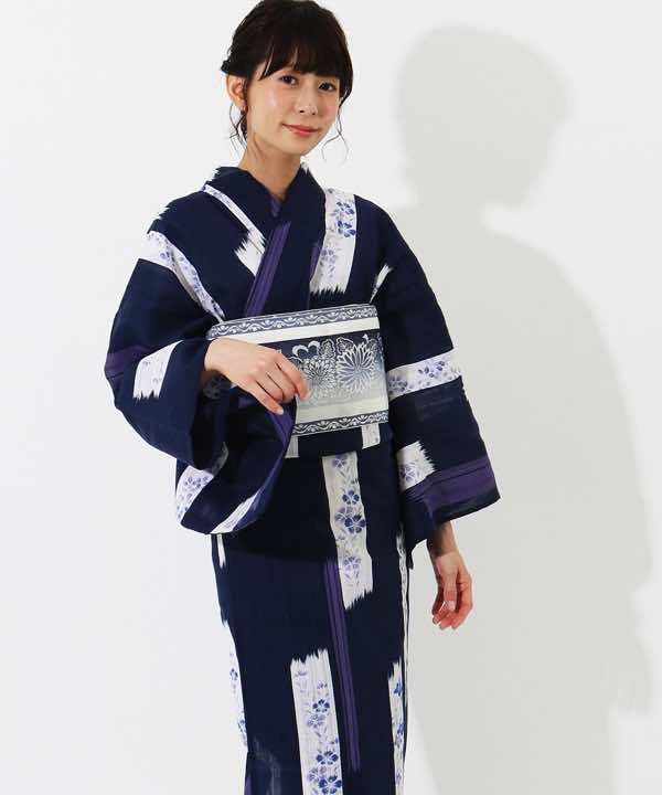 浴衣レンタル | 【JUNKO KOSHINO】紺地に白×紫の短冊風文様