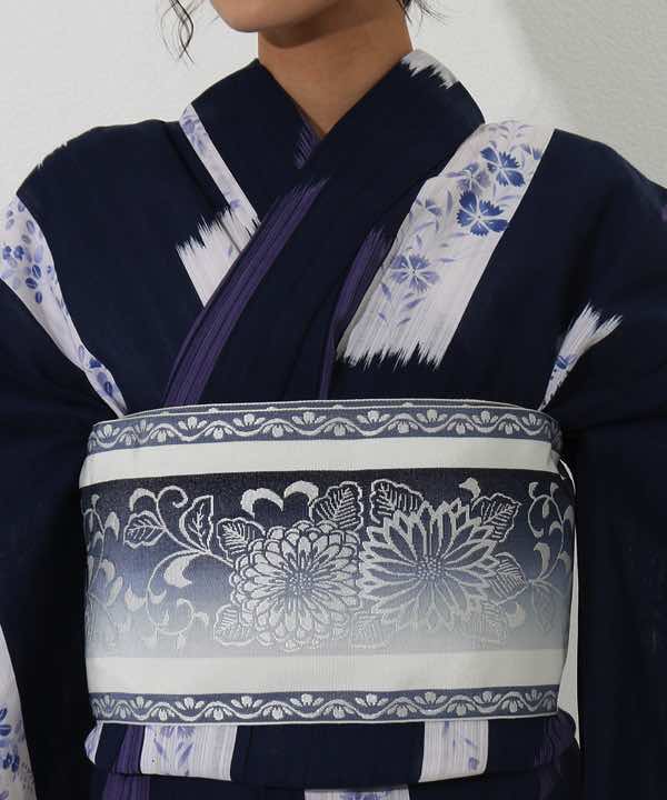 浴衣レンタル | 【JUNKO KOSHINO】紺地に白×紫の短冊風文様