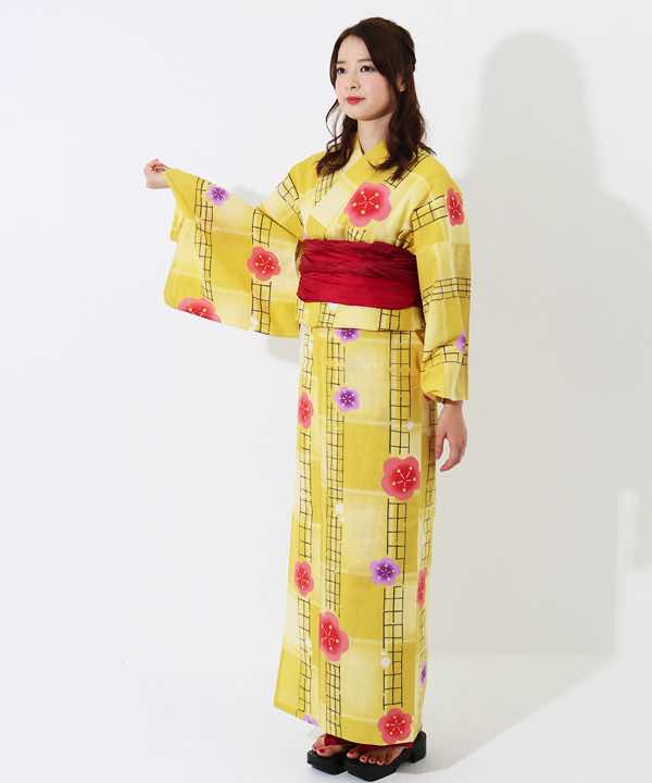 浴衣レンタル | 【kansai】黄色市松模様に縦格子と梅