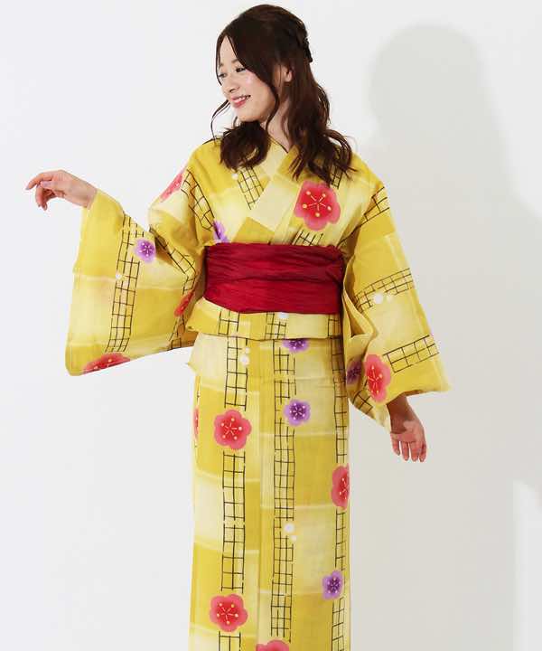 浴衣レンタル | 【kansai】黄色市松模様に縦格子と梅 | hataori(ハタオリ)
