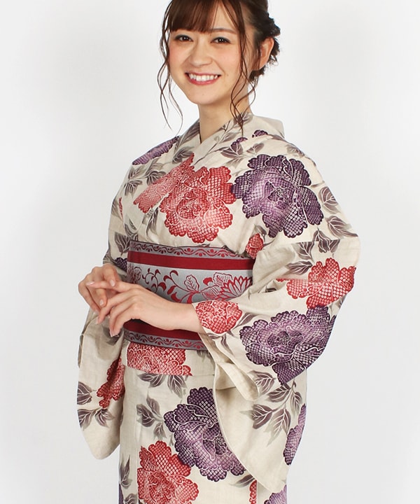 浴衣 |【JUNKO KOSHINO】クリーム地に赤と紫牡丹 | hataori(ハタオリ)