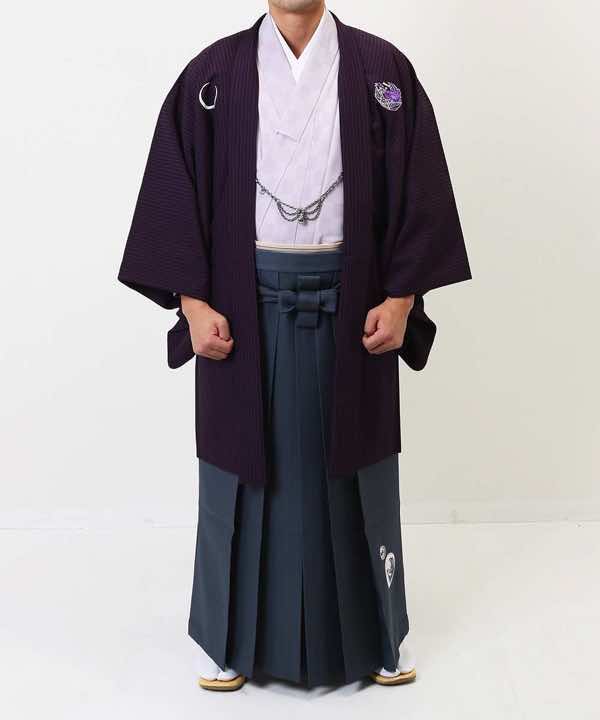 男性用 羽織袴レンタル | 紫の縞羽織にグレー袴