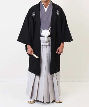 男性用 羽織袴レンタル | 黒の麻の葉羽織にグレー着物