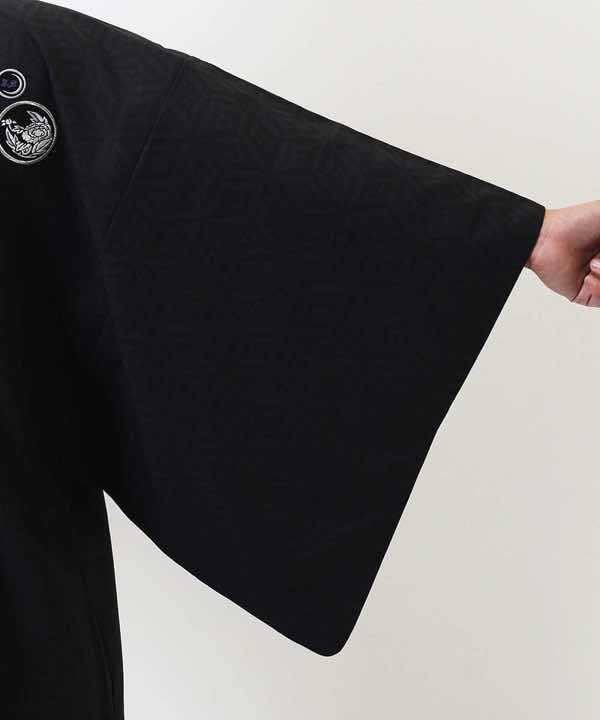 男性用 羽織袴レンタル | 黒の麻の葉羽織にグレー着物