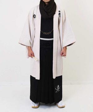 男性用 羽織袴レンタル | 白の麻の葉羽織に黒袴