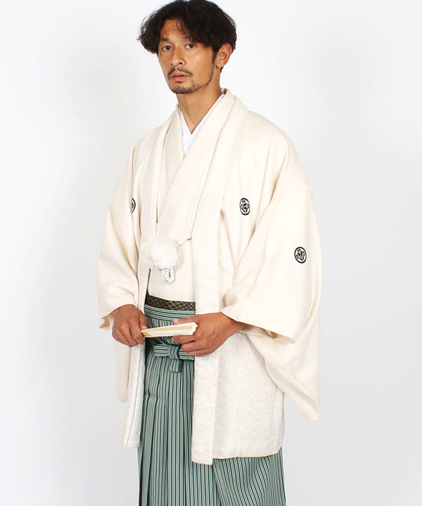 男性用 羽織袴レンタル | 白の唐草羽織と緑仙台平袴