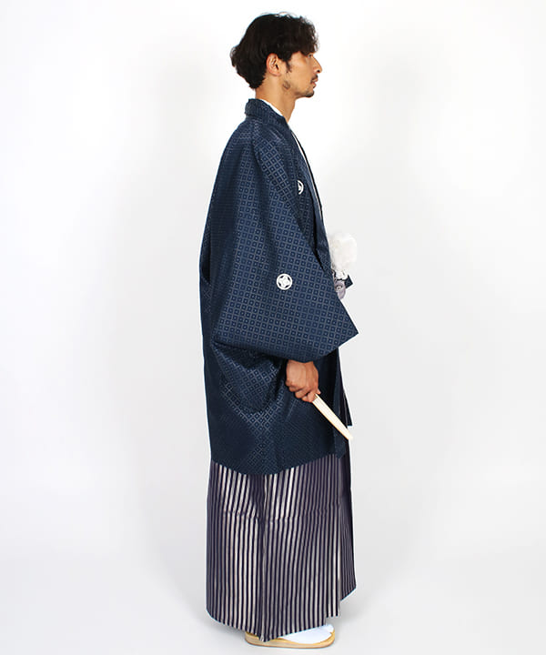 男性用 羽織袴 |紺の銀格子羽織と紫縞暈し袴