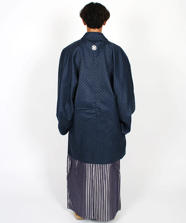 男性用 羽織袴 |紺の銀格子羽織と紫縞暈し袴