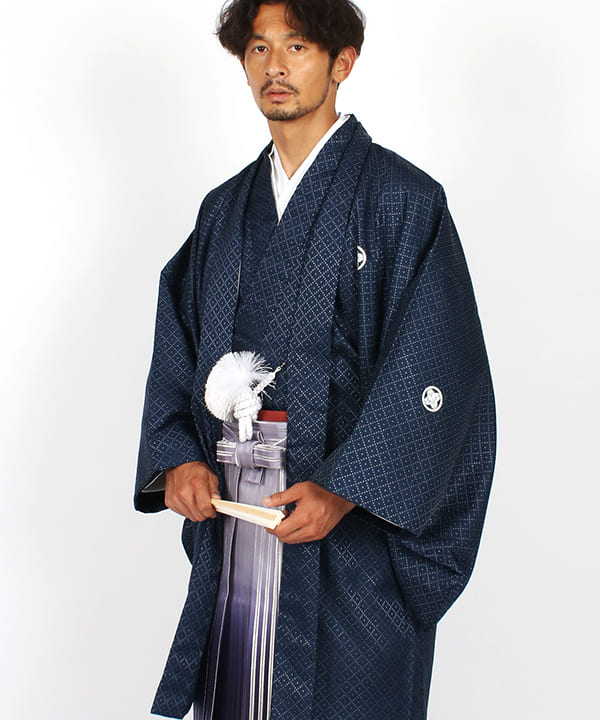 男性用 羽織袴 |紺の銀格子羽織と紫縞暈し袴 | hataori(ハタオリ)