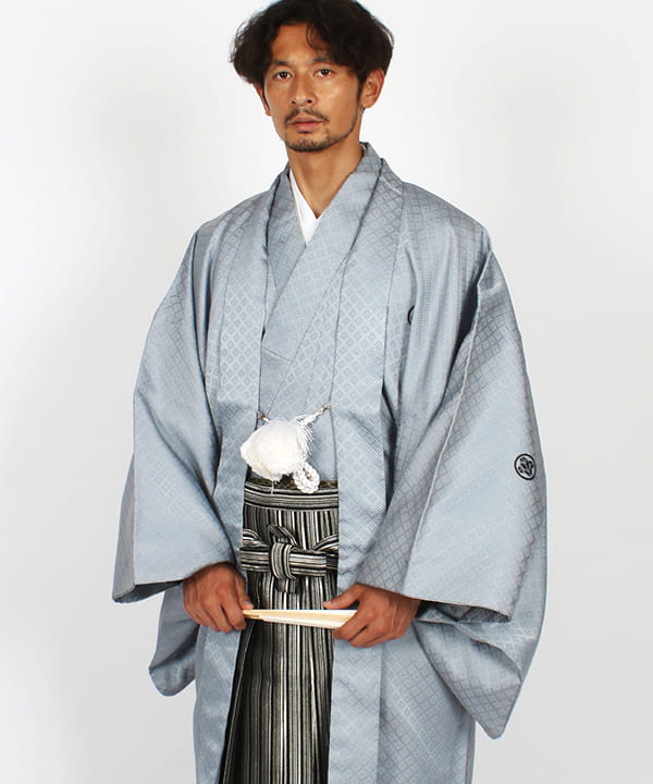 男性用 羽織袴レンタル | グレーの菱紋羽織と黒銀仙台平袴