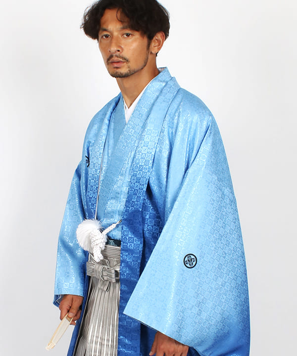 男性用 羽織袴レンタル | 水色暈しの吉祥文羽織とグレー暈し袴