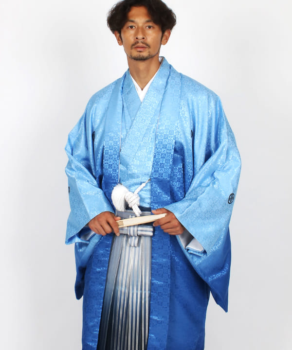 男性用 羽織袴レンタル | 水色暈しの吉祥文羽織と水色暈し袴 | hataori