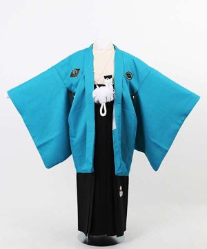 卒業式袴(小学男児用) | ベージュ地着物に水色羽織 黒袴
