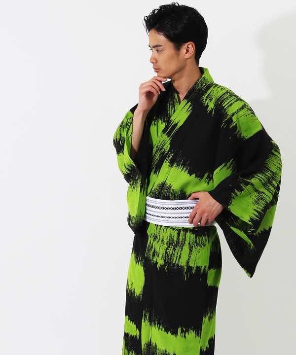 浴衣レンタル | 【JUNKO KOSHINO】黒地に緑色のラフボーダー