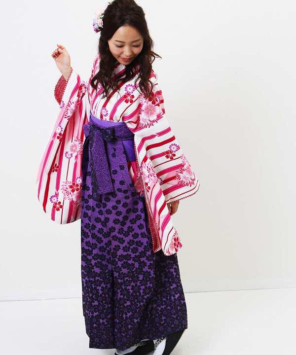卒業式袴レンタル | ピンクストライプに花の紫袴