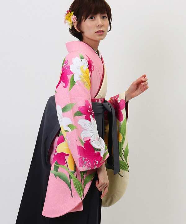 卒業式袴レンタル | 黄色とピンクと百合の花(グレー袴)