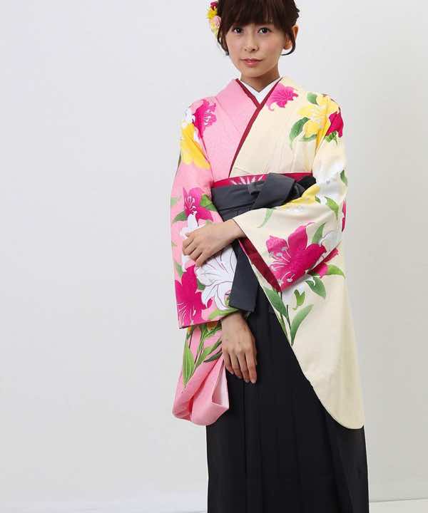 卒業式袴レンタル | 黄色とピンクと百合の花(グレー袴)