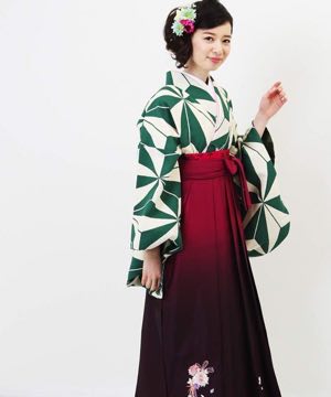 卒業式袴 | 緑と白の麻の葉 ワイン暈し刺繍袴