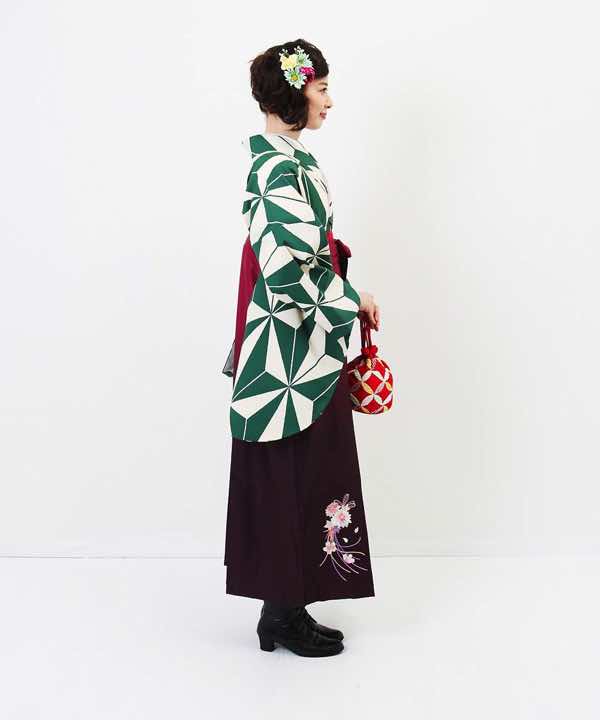 卒業式袴レンタル | 緑と白の麻の葉 ワイン暈し刺繍袴