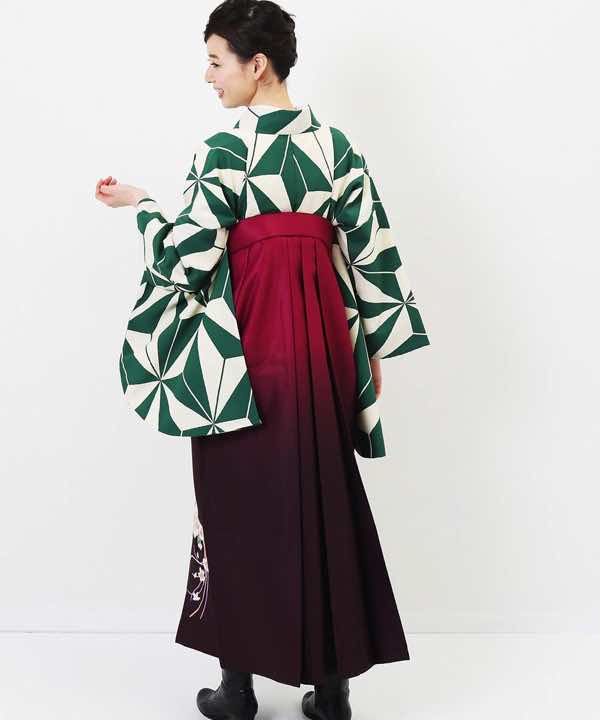 卒業式袴レンタル | 緑と白の麻の葉 ワイン暈し刺繍袴