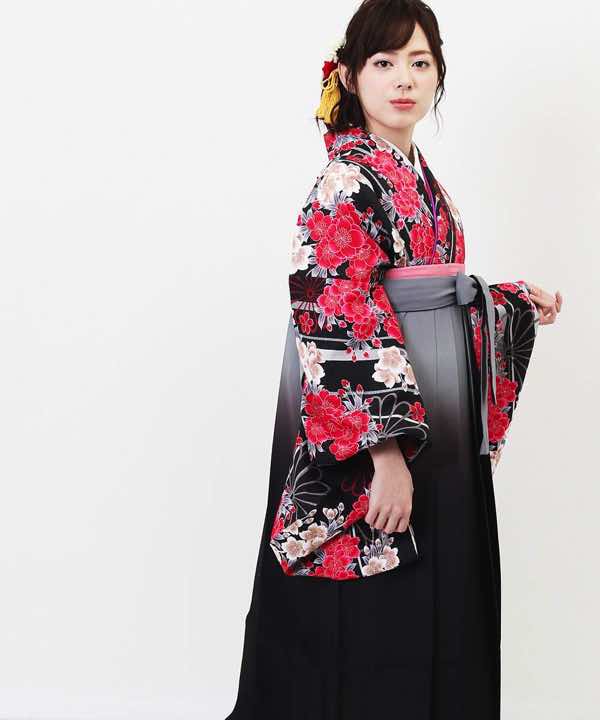 卒業式袴レンタル | 黒地に赤の芍薬と白桜