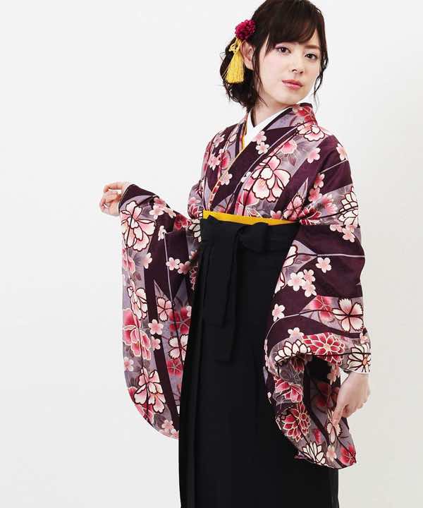 卒業式袴レンタル | 茶紫の大矢絣×黒袴(黄色の半巾帯)