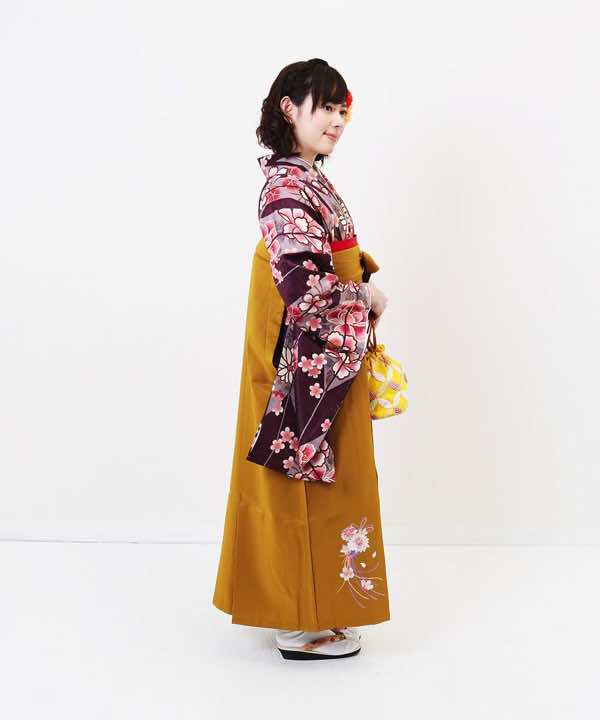 卒業式袴レンタル | 茶紫の大矢絣×黄袴