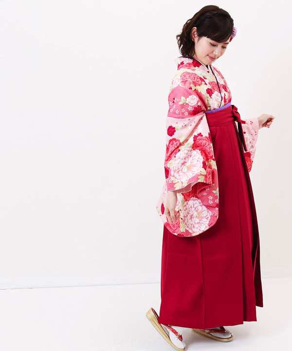 卒業式袴レンタル | ガーリーズピンク×赤刺繍袴・紫半幅帯