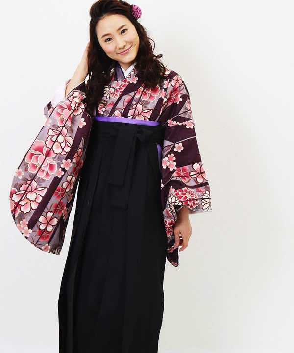 卒業式袴レンタル | 茶紫の大矢絣×黒袴 (紫の半巾帯)