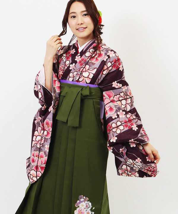 卒業式袴レンタル | 茶紫の大矢絣×緑袴