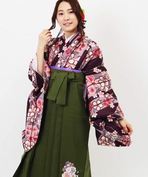 卒業式袴 | 茶紫の大矢絣×緑袴
