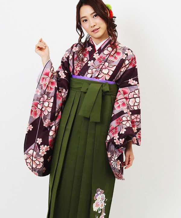 卒業式袴レンタル | 茶紫の大矢絣×緑袴