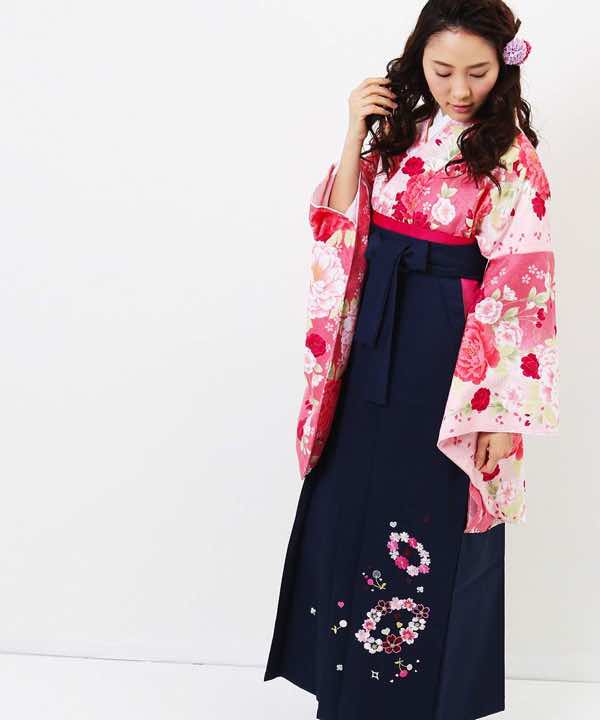 卒業式袴レンタル | ガーリーズピンク×ピンク刺繍紺袴
