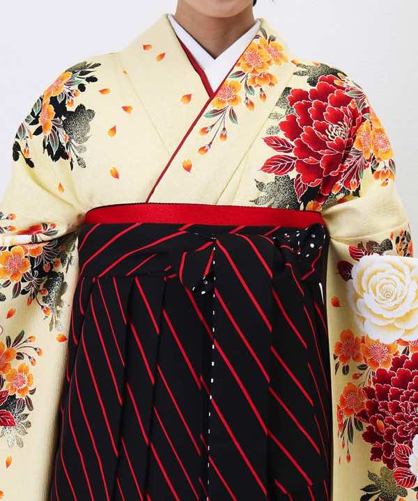卒業式袴レンタル | 菊と芍薬クリーム×黒紅袴