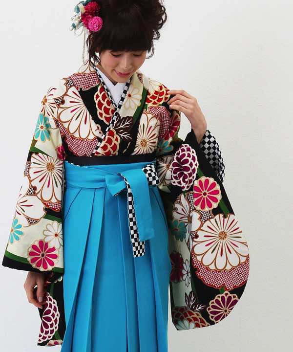 卒業式袴レンタル | 花と雪輪 ブルーの市松袴