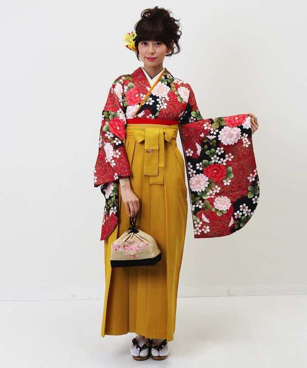 卒業式袴レンタル | 赤の大菊に桜 黄土色の袴