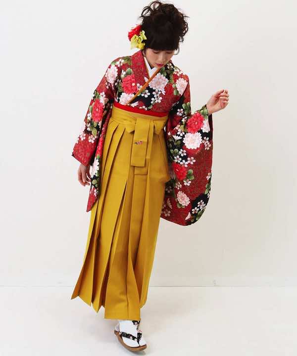 卒業式袴レンタル | 赤の大菊に桜 黄土色の袴