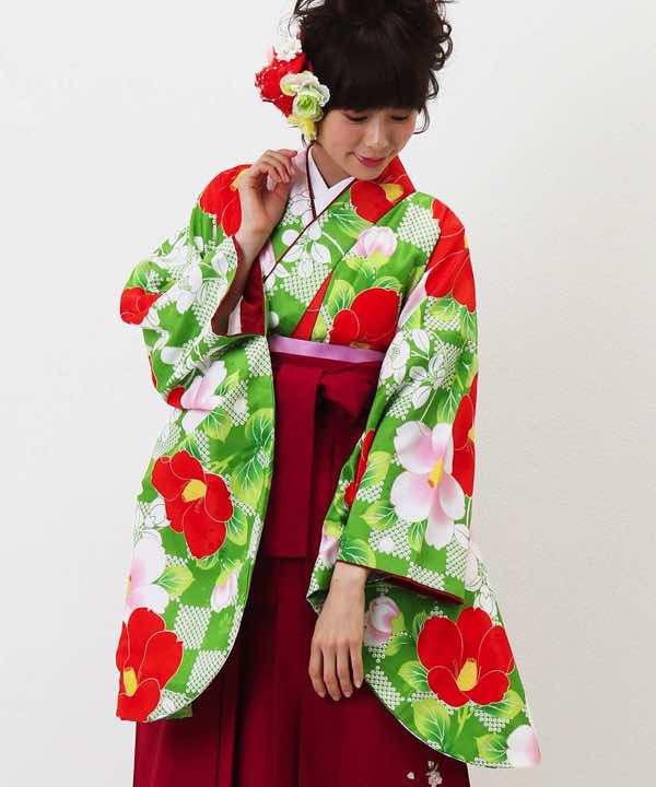 卒業式袴レンタル | グリーンの市松に椿 赤袴