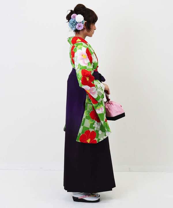 卒業式袴レンタル | グリーンの市松に椿 紫袴